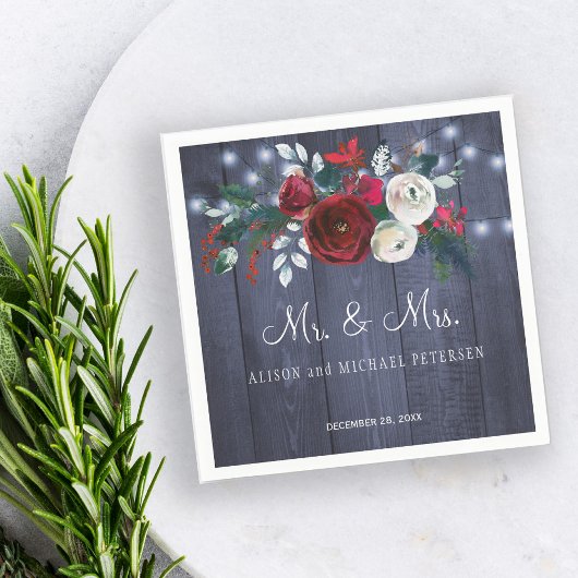 Serviette En Papier M. et Mme Peonies rouges d'hiver mariage de Noël