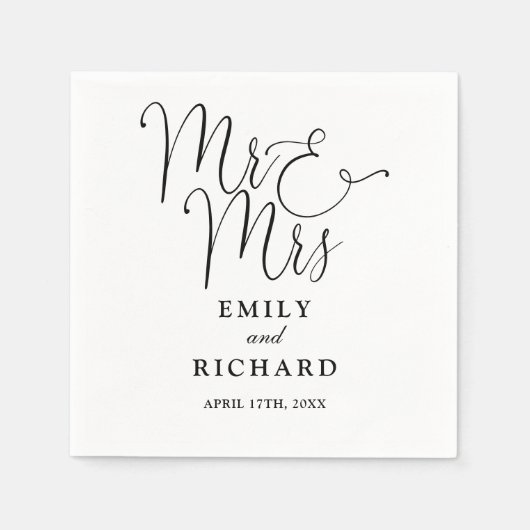 Serviette En Papier M. Et Mme Script Élégant Mariage Noir Et Blanc (Devant)