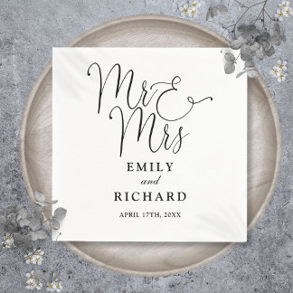 Serviette En Papier M. Et Mme Script Élégant Mariage Noir Et Blanc