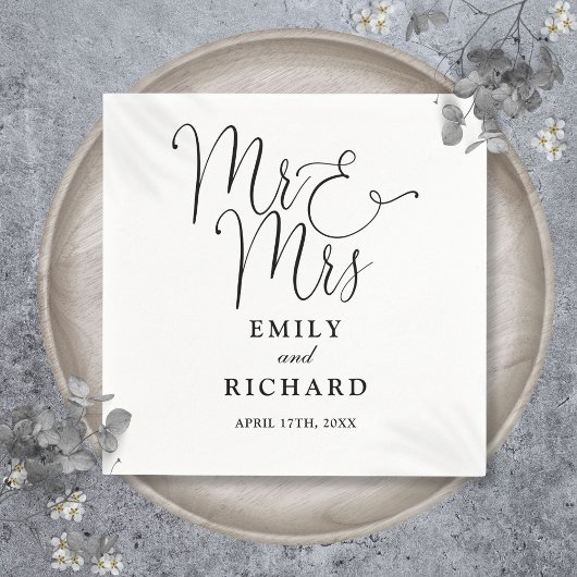 Serviette En Papier M. Et Mme Script Élégant Mariage Noir Et Blanc