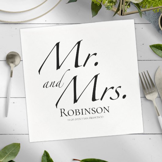 Serviette En Papier M. et Mme Script modernes | Mariage noir et blanc