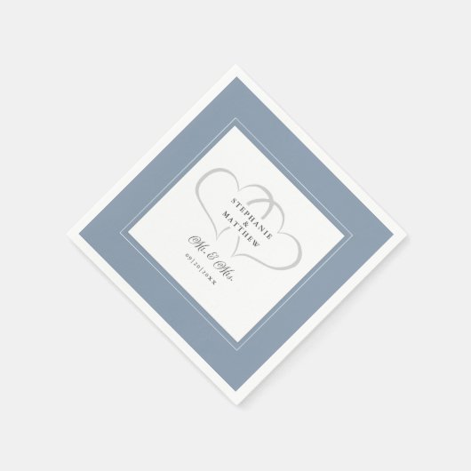 Serviette En Papier M & Mme Dusty Blue Élégant Mariage Chic Cœurs (Coin)