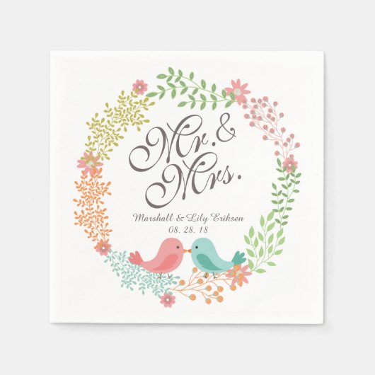 Serviette En Papier M. & Mme Floral Wreath avec Mariage d'oiseaux Napk (Devant)