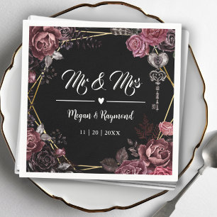 Serviette En Papier M & Mme   Roses Sombres Noires Florales Mariage Go