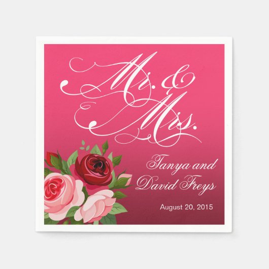Serviette En Papier M. & Mme Script Typographie Rose fuchsia florale (Devant)