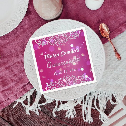 Serviette En Papier Magenta Et Argent Élégant Chimmery Quinceañera