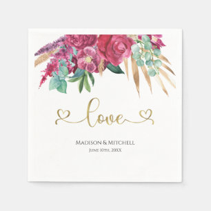 Serviette En Papier Magenta Rose Chaud Floral Élégant Script Or Cœurs