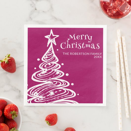 Serviette En Papier Magenta Rose White Christmas Tree Party (En situation)