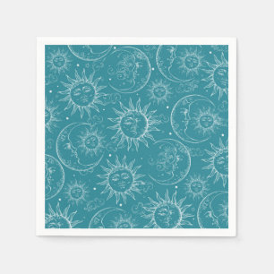 Serviette En Papier Magie sarcelle céleste vintage soleil lune étoiles