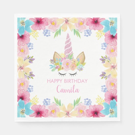 Serviette En Papier Magique Unicorn Party pour filles aquarelle floral (Devant)