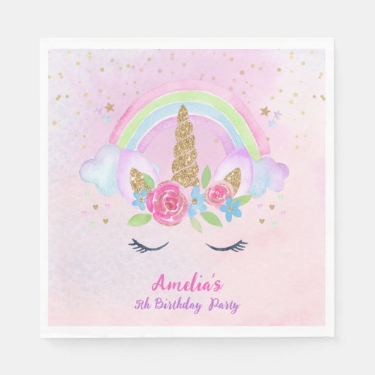 Serviette En Papier Magique Unicorn Rainbow rose Anniversaire (Devant)