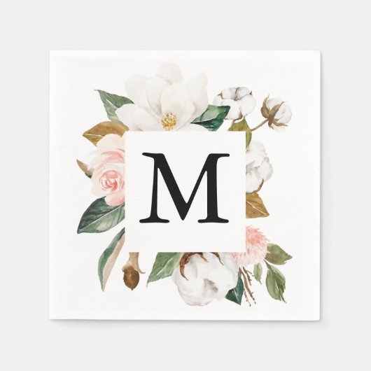 Serviette En Papier Magnolia Cotton Monogramme Mariage Cocktail Napkin (Devant)
