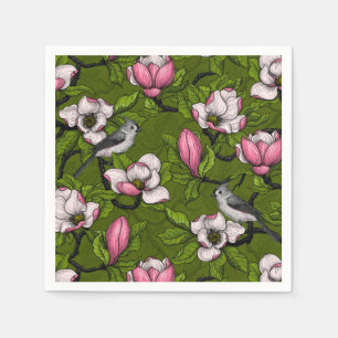 Serviette En Papier Magnolia en floraison et oiseau de tireur 2