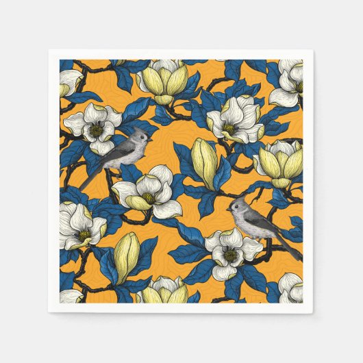 Serviette En Papier Magnolia en floraison et oiseau de tireur 3 (Devant)