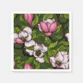 Serviette En Papier Magnolia en floraison sur vert foncé (Devant)