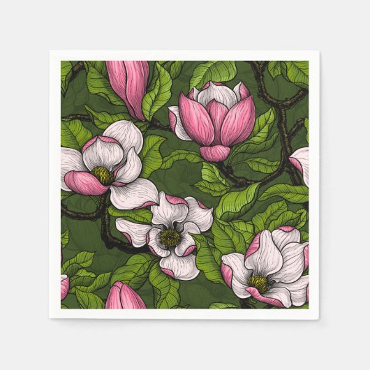 Serviette En Papier Magnolia en floraison sur vert foncé (Devant)