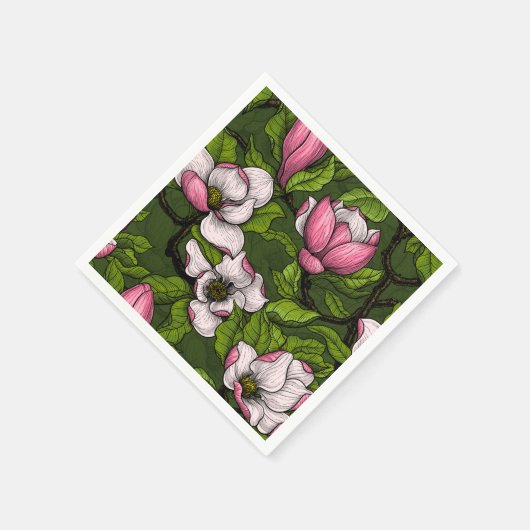 Serviette En Papier Magnolia en floraison sur vert foncé (Coin)