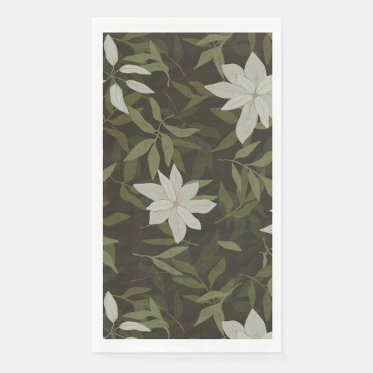 Serviette En Papier Magnolia et feuilles verts sur noir (Devant)