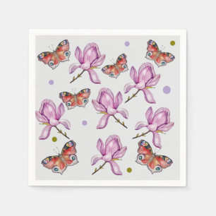 Serviette En Papier Magnolia et papillons, motif aquarelle
