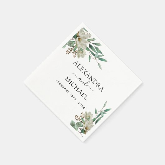 Serviette En Papier Magnolia Eucalyptus Aquarelle Mariage élégant (Coin)