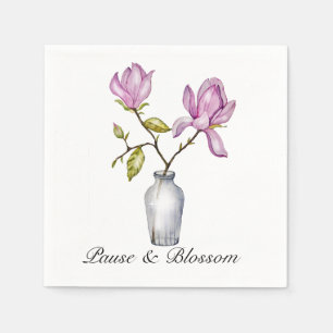 Serviette En Papier Magnolia Rose Élégant Aquarelle dans un Vase en Ve