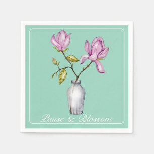 Serviette En Papier Magnolia Rose Élégant Aquarelle dans un Vase en Ve