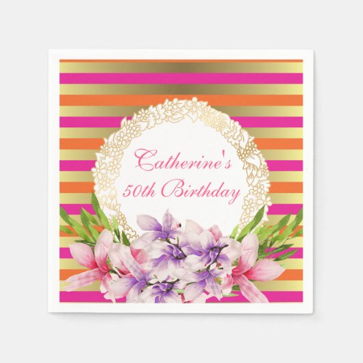 Serviette En Papier Magnolia sur Pink & Faux Gold Stripes Anniversaire (Devant)