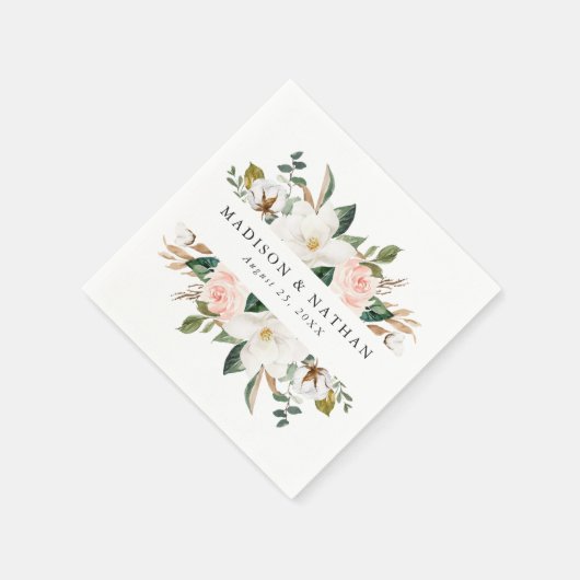 Serviette En Papier Magnolias aquarelles | Mariage personnalisé (Coin)