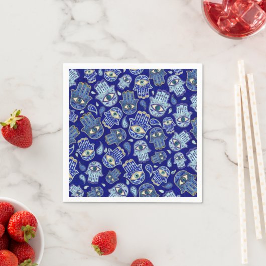 Serviette En Papier Main Hamsa - Main de Fatima motif Minéraux Bleus (En situation)