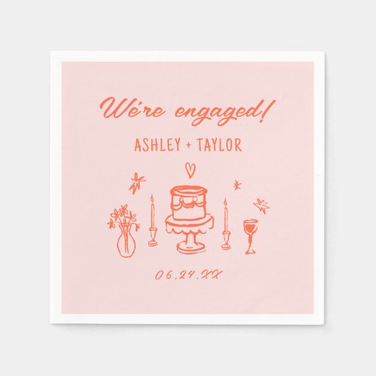 Serviette En Papier Main Tirée Quirky Fun Retro Engagement Party (Devant)