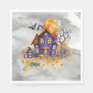 Serviette En Papier Maison de gnome violet hantée avec chauves-souris