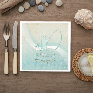Serviette En Papier Maison de plage Silhouette de pêcheur Aqua bleu ID