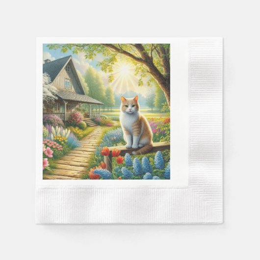 Serviette En Papier Maison de printemps/jardin & chat (Devant)