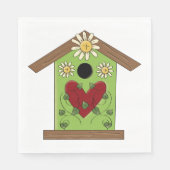 Serviette En Papier Maison d'oiseaux verte avec coeur et marguerites (Devant)