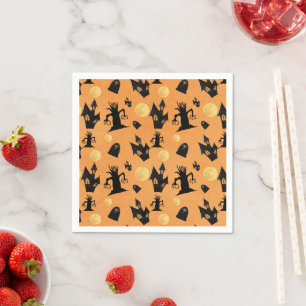 Serviette En Papier Maison hantée noire et orange Soirée Halloween