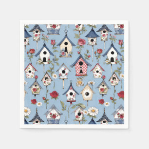 Serviette En Papier Maisons d'oiseaux en patchwork floral et fond bleu