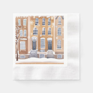 Serviette En Papier Maisons en grès brun Rue de ville enneigée aquar