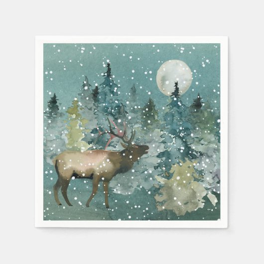 Serviette En Papier Majestic Elk en Forêt Pleine lune neige vacances (Devant)