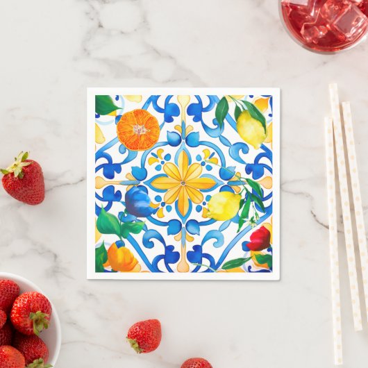 Serviette En Papier Majolica, citron, carreaux siciliens, (En situation)