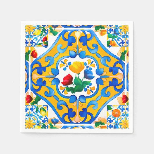 Serviette En Papier Majolica, citron, carreaux siciliens, (Devant)