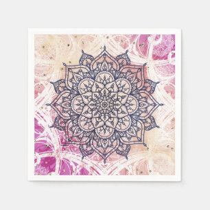 Serviette En Papier Mandala aéré joyeux rose violet jaune bleu et or