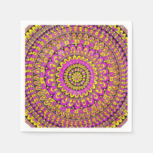 Serviette En Papier Mandala couleur jaune violet dessiné à la main