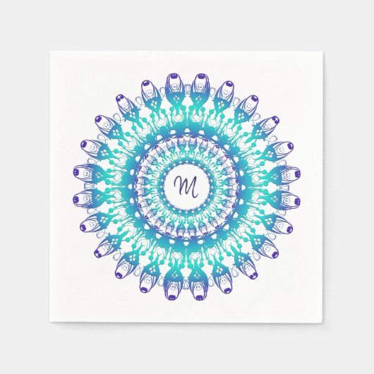 Serviette En Papier Mandala ethnique turquoise. monogramme. (Devant)