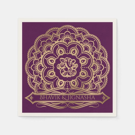 Serviette En Papier Mandala Mariage indien Napkin violet et or (Devant)