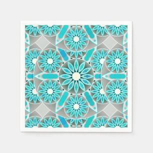 Serviette En Papier Mandala motif, turquoise, gris argenté et blanc