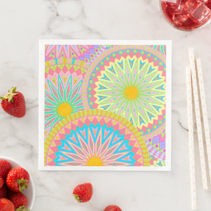 Serviette En Papier Mandala superposé rose bleu jaune menthe violet