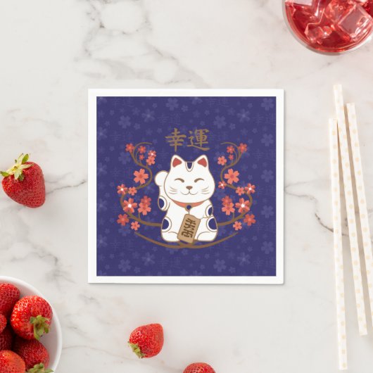 Serviette En Papier Maneki-neko chat avec bonne chance kanji (En situation)