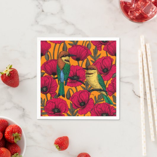 Serviette En Papier Mangeurs d'abeilles et pavots sur orange (En situation)