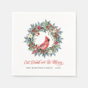 Serviette En Papier Mangez Boire et soyez Joyeux Noël Wreath Cardinal 
