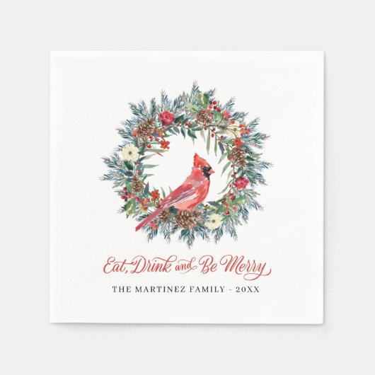 Serviette En Papier Mangez Boire et soyez Joyeux Noël Wreath Cardinal (Devant)